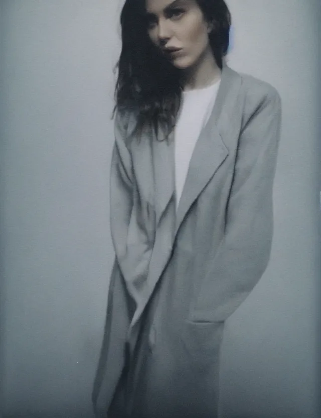 Image similar to polaroid photo with flash, non ordinary beauty female model, in a oversize blazer, polaroid photo bleached strong lights, kodak film stock, hyper real, stunning moody cinematography, with anamorphic lenses, by maripol, detailed