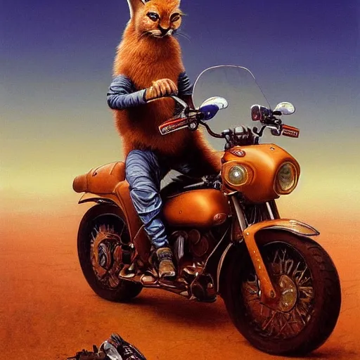 Prompt: a detailed painting of a cute caracal riding a harley davidson motorcycle. movie scene, cinematic scene, sunset, road. by beksinski and carl spitzweg and tuomas korpi. baroque elements. baroque element. intricate artwork by caravaggio. oil painting. award winning. trending on artstation. 8 k