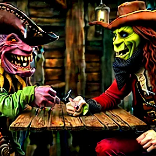 Image similar to a goblin with a large nose and a pirate with a bandana negotiating a contract with Jared Leto in a Western saloon.