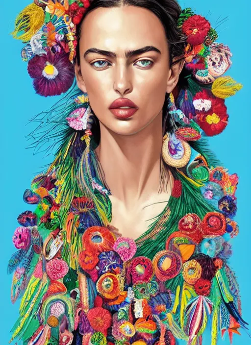 Image similar to beautiful portrait of Irina Shayk wearing fantastic Hand-dyed cotton dress,embellished beaded feather decorative fringe knots ,colorful pigtail,subtropical flowers and plants,symmetrical face,intricate,elegant,highly detailed,8k,digital painting,trending on pinterest,GUCCI,PRADA,harper's bazaar,concept art, sharp focus, illustration,golden ratio,by artgerm,Tom Bagshaw,Lawrence Alma-Tadema,greg rutkowski