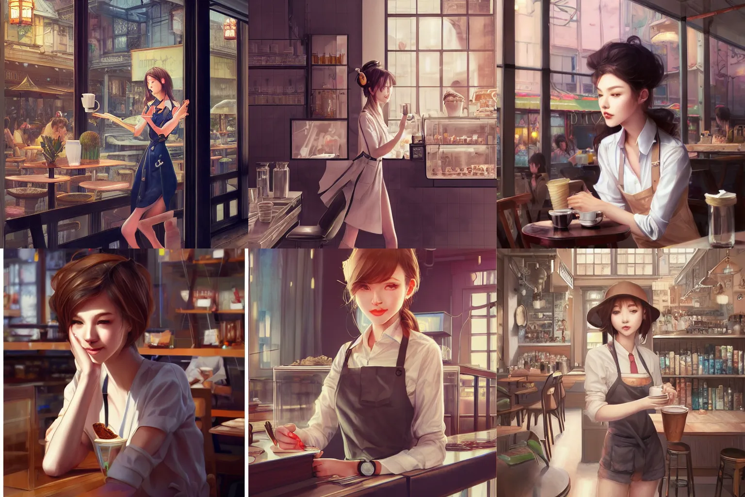 Prompt: a beautiful girl working in a cafe | | cute - fine - face, pretty face, fine details by stanley artgerm lau, wlop, rossdraws, james jean, andrei riabovitchev, marc simonetti, and sakimichan, trending on artstation