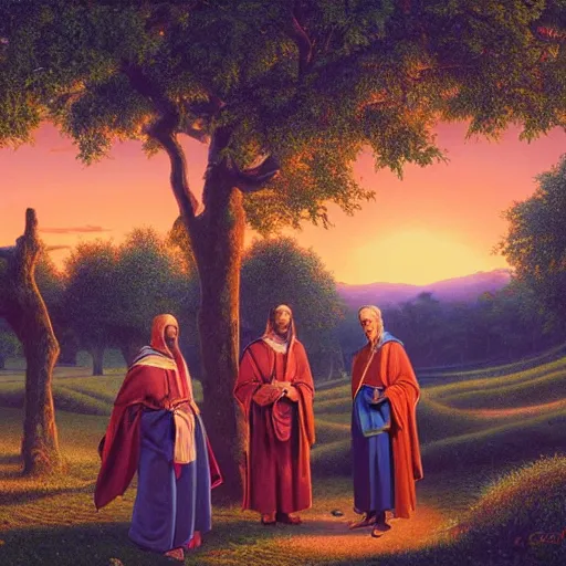 Prompt: Four wise scholars standing at the edge of a beautiful orchard at twilight, detailed and realistic matte painting by Greg Hildebrandt