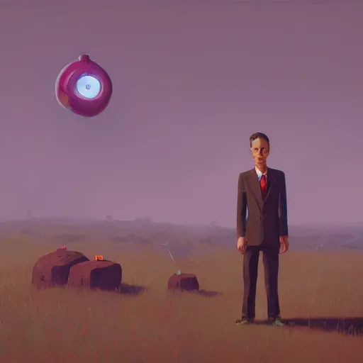 Prompt: man in a suit holding gem with curiosity, trying to learn, by simon stalenhag