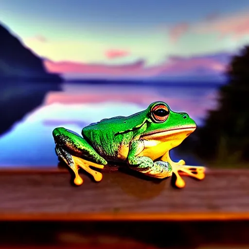 Image similar to frog sitting on a bench next to a lake in the mountains watching a beautiful sunset, photorealistic