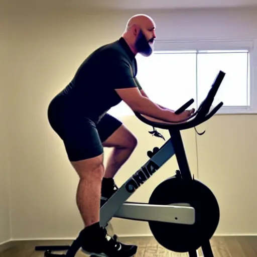 Prompt: chonky bald, grey trimmed bearded ethan van sciver working out vigorously on his peloton exercise bike