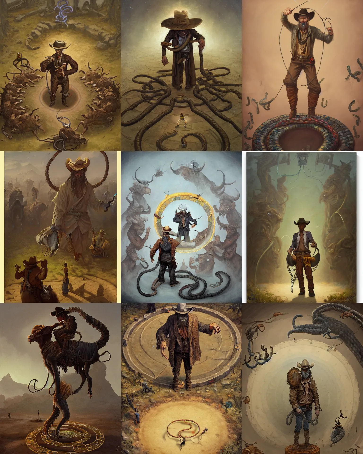 Prompt: a cowboy druid snake oil salesman standing in a circle at the bull run at the beginning of the world by peter mohrbacher and james jean