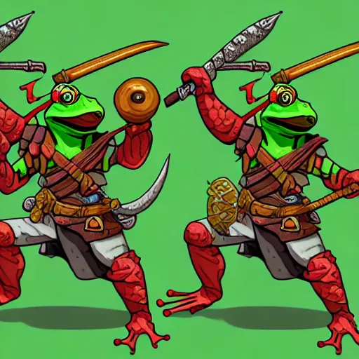 Prompt: digital illustration of a frog warrior, in the style of nintendo and d & d character art, highly detailed, sharp focus, 4 k