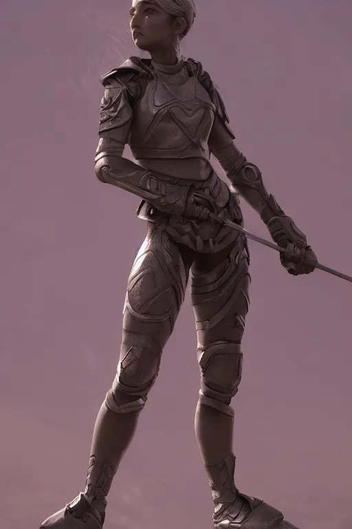 Image similar to a highly detailed sculpt of athletic girl in armor, cinematic light, featured on artstation, octane render, path tracing, sharp focus, 4 k