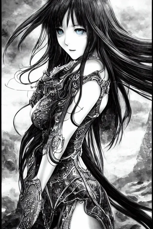 Image similar to a vertical portrait of a character in a scenic environment by Yoshitaka Amano, black and white, dreamy, cybernetic armor, wavy long black hair, highly detailed