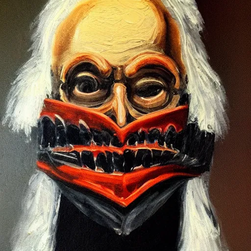 Prompt: a painting of an old man wearing a scary mask