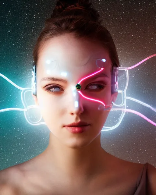 Prompt: photo of dreamy female as a solarpunk cyborg with fluorescent lamps around face, robotic body parts around neck and shoulders, real human face with clean skin, ultra - realistic and detailed, long exposure, soft focus hdr 8 k