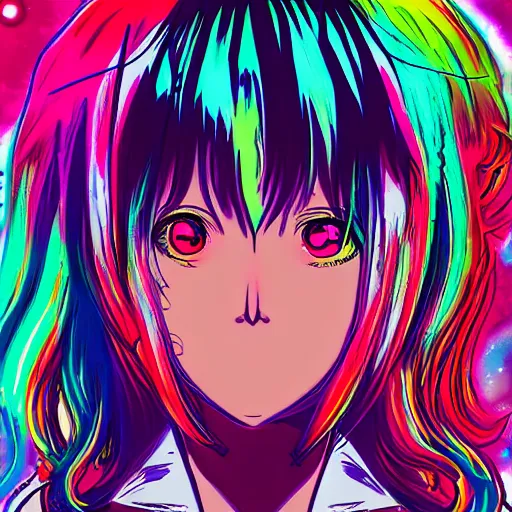 Prompt: anime girl's head exploding into colors, cyberpunk glitchcore synthwave art, award-winning,