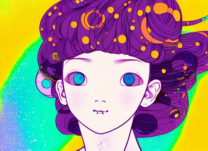 Prompt: portrait of a young girl dancing in space,Hiroyuki Imaishi,Studio Trigger,gustav klimt, kawaii, manga, bright colors,beautiful, 28mm lens,gradation,loish, rule of thirds fibonacci, Ilya Kuvshinov, Kyoto Animation,Mucha,Murata Range, fine detail