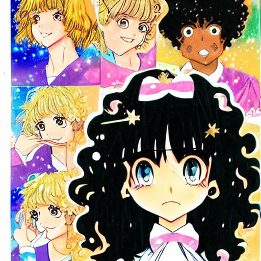 Image similar to a shoujo manga cover with a girl with big sparkly eyes and brown curly hair, in the style of naoko takeuchi ( 1 9 8 0 s )