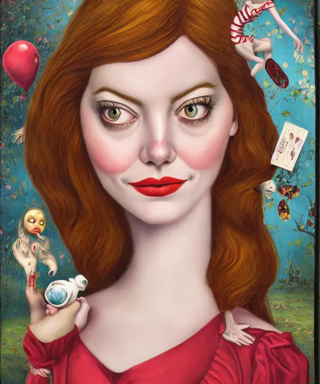 Image similar to portrait of Emma Stone in wonderland, lowbrow painting by Mark Ryden