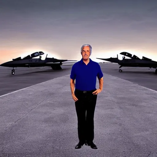 Image similar to aesthetic illustration of jeffrey epstein, wearing a dark blue polo shirt, standing near fighter jet on an empty runway at dusk, high detail, volumetric lights, pinterest wallpaper