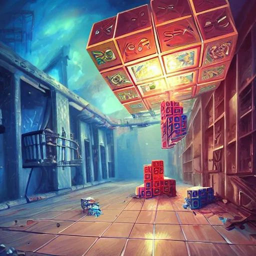 Image similar to a beautiful painting of an abandoned rubik's cube factory, inspired by cyril rolando, ornate, intricate, emitting light ornaments, volumetric lighting, cgsociety, terracotta red, very detailed, trending on artstation, 8 k