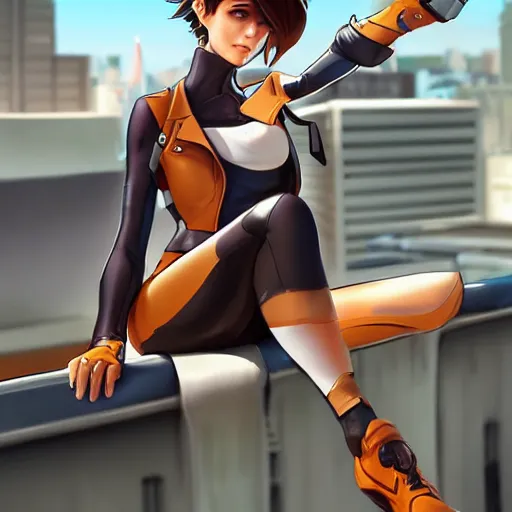 Prompt: digital artwork of tracer sitting on a rooftop, in the style of artgerm, detailed face, expressive face, sitting position, feminine face,