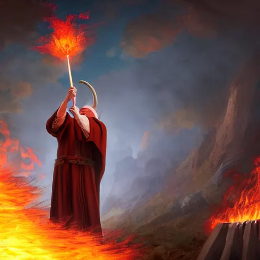 Image similar to ram horned catholic monk brings fire down from the sky, medieval style, trending on artstation, highly detailed, digital painting, volumetric light, concept art, sharp focus, illustration