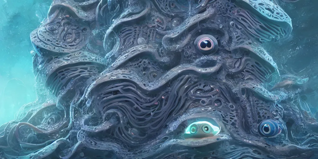 Image similar to of an intricate deep sea with strange cute friendly happy creatures with huge eyes, long tongue, round teeth and goofy funny face, appearing from the background, in the style of gehry and gaudi, macro lens, shallow depth of field, ultra detailed, digital painting, trending artstation, concept art, illustration, cinematic lighting, photorealism, epic, octane render