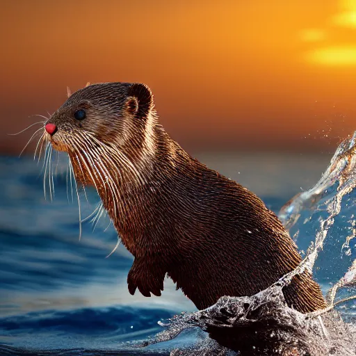 Image similar to a closeup photorealistic photograph of a cute otter - cat hybrid splashing in the surf during sunset. professional capture, well lit shot. this 4 k hd image is trending on artstation, featured on behance, well - rendered, extra crisp, features intricate detail, epic composition and the style of unreal engine.