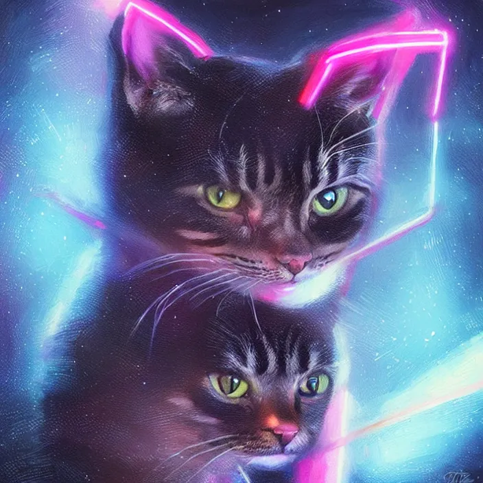 Image similar to cinematic portrait of a cute cat in space, neon lasers, chalk, masterpiece, trending on artstation, featured on pixiv, cinematic composition, dramatic pose, beautiful lighting, sharp details, hyper - detailed, hd, hdr, 4 k, 8 k, art by basil gogos