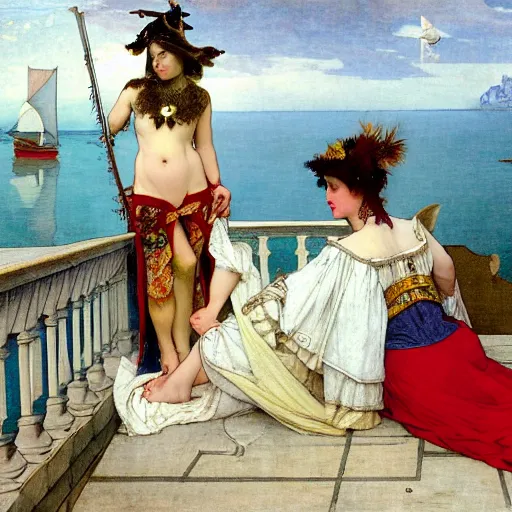 Image similar to A jester girl behind the beach castle balustrade, sail boat on the background, major arcana clothes, by paul delaroche, alphonse mucha and arnold böcklin arnold böcklin hyperrealistic 8k, very detailed