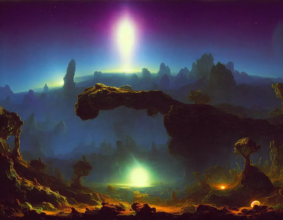 Image similar to trippy alien planet with blue bioluminescent flora at night, concept art by albert biertadt, thomas cole, frederic edwin church, hudson river school, majestic, awe - inspiring, breathtaking