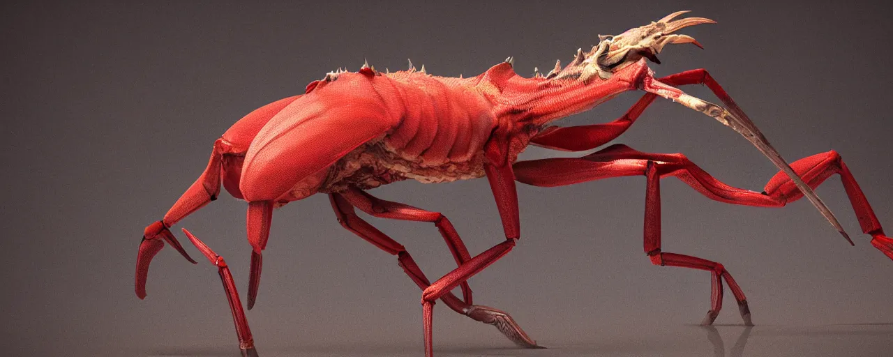 Prompt: creature design, a gazelle with red crustacean carapace, fiddler crab claws, palp eyes, cryptid, cinematic lighting, octane render, cinematic aura lighting, atmospheric, photorealistic, hyperdetailed 3 d matte painting, hyperrealism, hyperrealistic