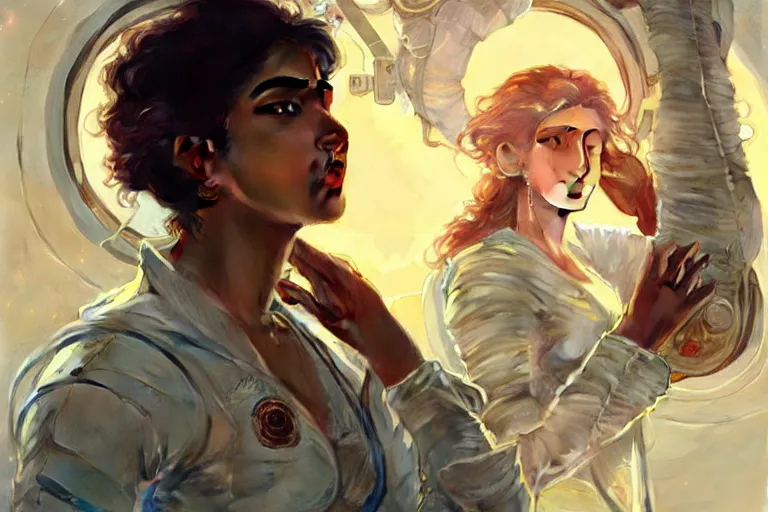 Image similar to Sensual good looking pale young Indian doctors wearing jeans in a space station above Earth, portrait, elegant, intricate, digital painting, artstation, concept art, smooth, sharp focus, illustration, art by artgerm and greg rutkowski and alphonse mucha