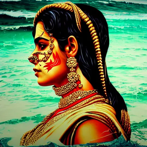 Image similar to portrait of pakistani woman :: side profile :: in ocean :: clockwork details :: gold :: blood and horror :: by vikings and Sandra Chevrier