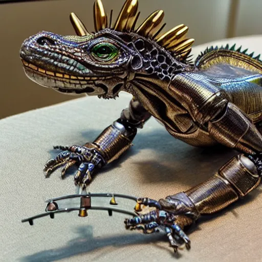 Image similar to a robot iguana, metallic steampunk robot iguana lizard