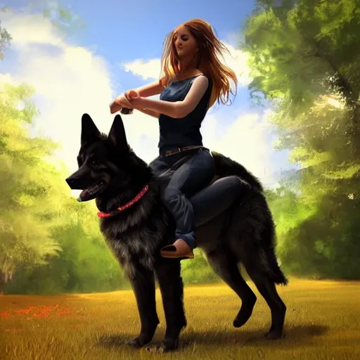 Prompt: girl riding a giant German shepherd in the park, trending on artstation