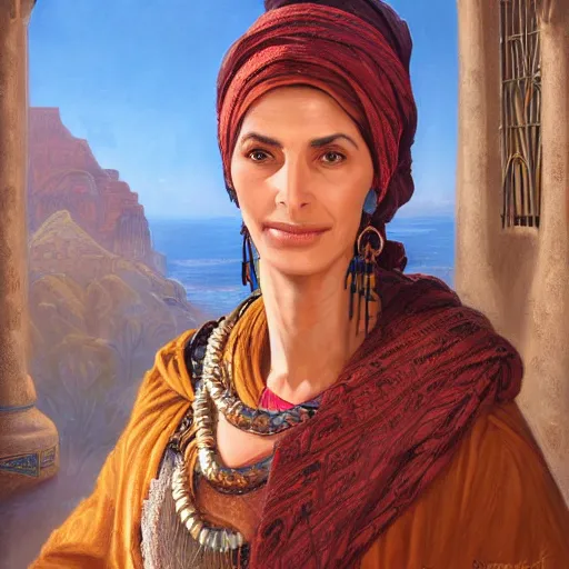 Image similar to portrait of a tunesian woman ( 3 5 ) from tunesia in 2 0 2 1, an oil painting by ross tran and thomas kincade