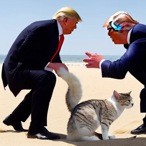 Prompt: Donald Trump petting a cat that looks like Joe biden at the beach, highly detailed