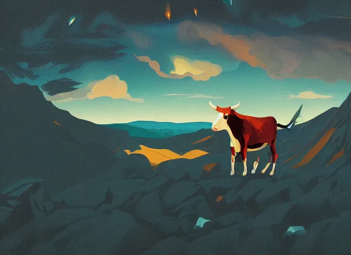 Image similar to isometric painting of a cow devouring a human, black mountains, rhads, dark atmosphere, fire, edward hopper, tristan eaton, victo ngai