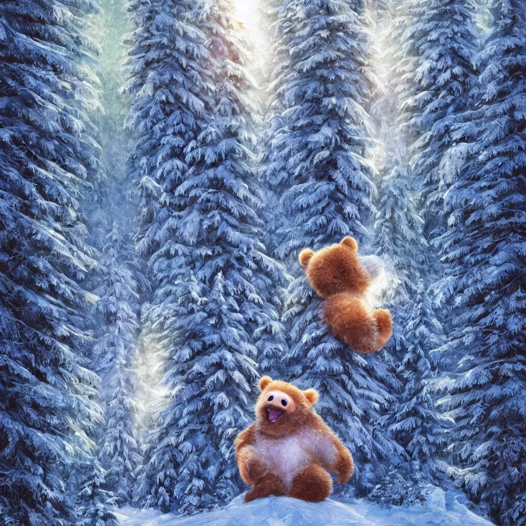 Image similar to a cute humanoid fluffy fur bear cub standing on ski skiing down the hill through a snowy forrest in, light rays are shining through the trees above, magical environment, beautiful light. trending on artstation 4 k award in winning artwork. vivid colors. detailed painting. kids book illustration.