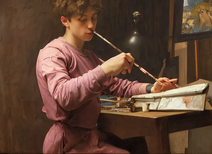 Image similar to a young painter in his studio painting a picture of a pink pokemon, by edgar maxence and caravaggio and michael whelan and delacroix style, artistic, intricate drawing, cinematic lighting, hyper realistic, extremely detailed, establishing shot, 8 k resolution, dramatic lighting
