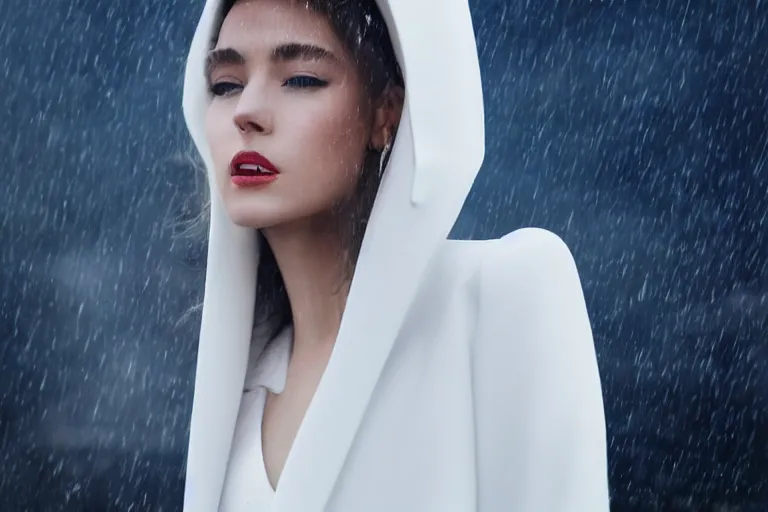 Prompt: a cinematic!!! headshot portrait!!! of a model women wearing long white futuristic coat on the top of a sky scraper, large diffused light, ultra realistic faces, 4 k, ultra realistic, dramatic lighting, rain, clouds, fog, vogue, fashion, glamour, magazine spread, by!! marco mazzoni!!