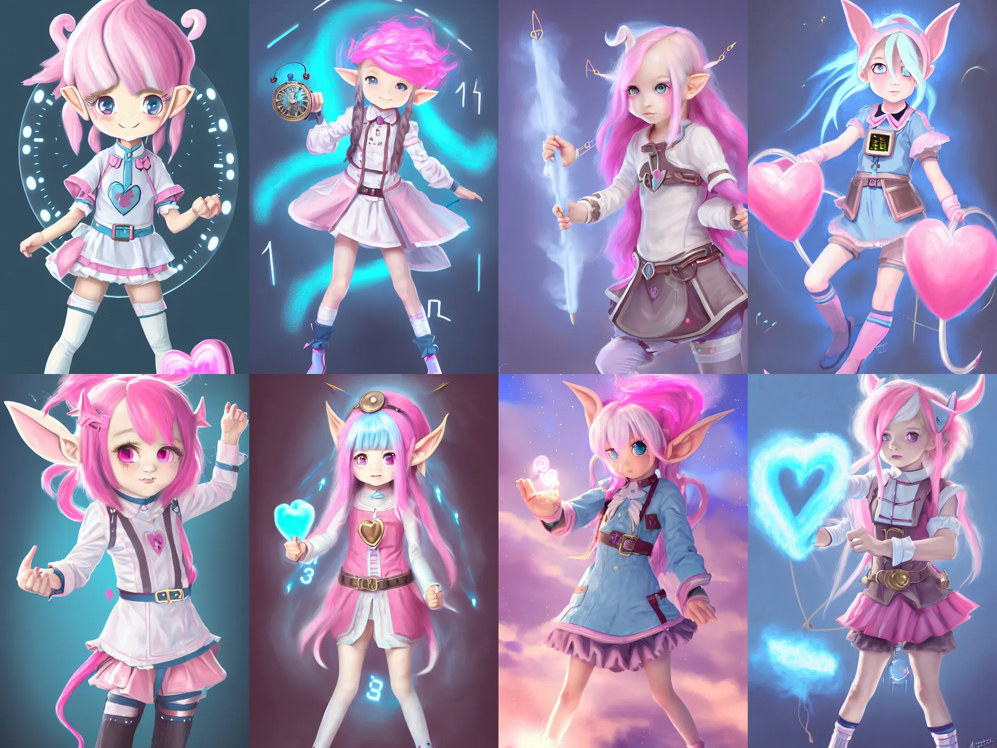 Prompt: Time traveler, small loli girl, with pointy elf ears, detailed face, light-blue eyes, cotton candy-like pink hair with low heart-shaped drills, wearing time traveler outfit clock-style steampunk design, in a fighting stance, digital painting, artstation, concept art, soft light, hdri, smooth, sharp focus, illustration, Mihoyo, art by tian zi and craig mullins and WLOP and alphonse mucha