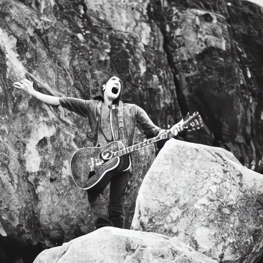 Image similar to dweyn jonson standing on a rock and singing in a rock concert