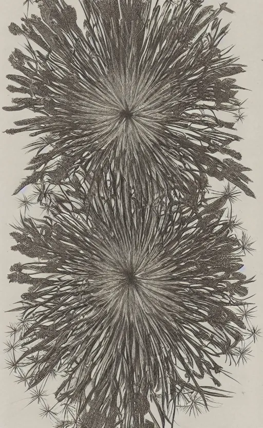 Prompt: scanned flowers as fireworks illustration of Kunstformen der Natur (Art forms in Nature) by Ernst Haeckel 1899