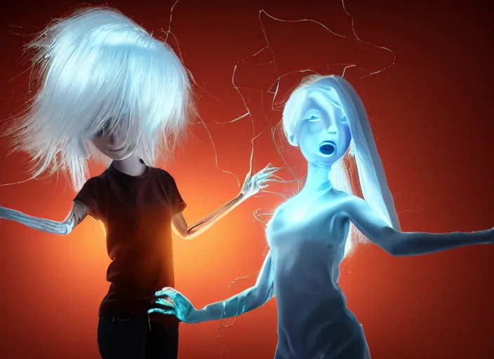 Image similar to girl with silk glowing white hair showing her hands with glowing puppeteer stings coming out of it, concept digital art trending on artstation oilpaint centric layout symmetric black background