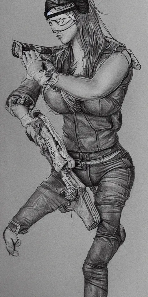 Image similar to a beautiful drawing of an attractive blindfolded woman wielding a chainsaw, highly detailed, featured on artstation, body shot