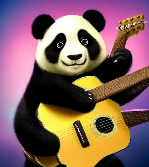 Prompt: very beautiful portrait of an extremely cute and adorable panda playing guitar, smooth, perfect face, fantasy, character design by mark ryden and pixar and hayao miyazaki, sharp focus, concept art, harvest fall vibrancy, intricate detail, cinematic lighting, hyperrealistic, 3 5 mm, diorama macro photography, 8 k, 4 k