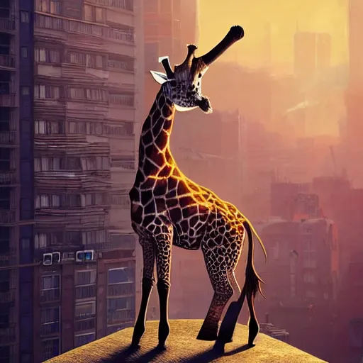 Prompt: a full body painting of a [ giraffe standing on rooftop ] ( giraffe ), intricate, epic lighting, cinematic composition, hyper realistic, 8 k resolution, unreal engine 5, by artgerm, tooth wu, dan mumford, beeple, wlop, rossdraws, james jean, andrei riabovitchev, marc simonetti, artstation