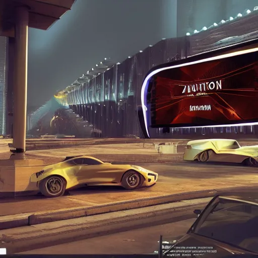 Image similar to sci-fi cars wall near structure on the coronation of napoleon painting and digital billboard in the middle, unreal engine 5, keyshot, octane, artstation trending, ultra high detail, ultra realistic, cinematic, 8k, 16k, in style of zaha hadid, in plastic, dark, tilt shift,