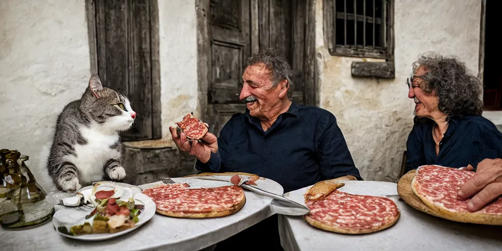 Image similar to photography of a cat sharing mortadella with his loved owner at a trullo house, photoreal, 3 5 mm, award winning photography