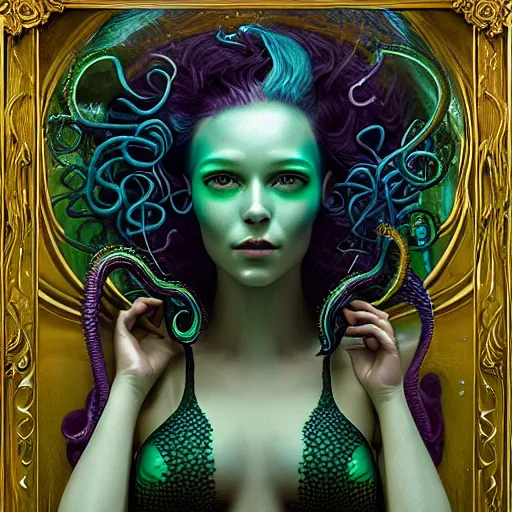 Image similar to tom bagshaw, ultra realist portrait waves miniatures underwater curiosities squids carnival, a single very beautiful dollpunk with long tentacles hairs in full underwater mermaid armor, symmetry accurate features, focus, very intricate ultrafine details, green purple aqua volumetric lights, award winning masterpiece, octane render 8 k hd