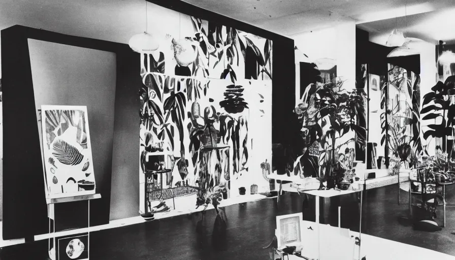 Image similar to A black and white photography of an exhibition space with objects of Sun Ra, Marcel Duchamp and tropical plants, 60s, offset lithography print, newspaper, distant shot, minimalist